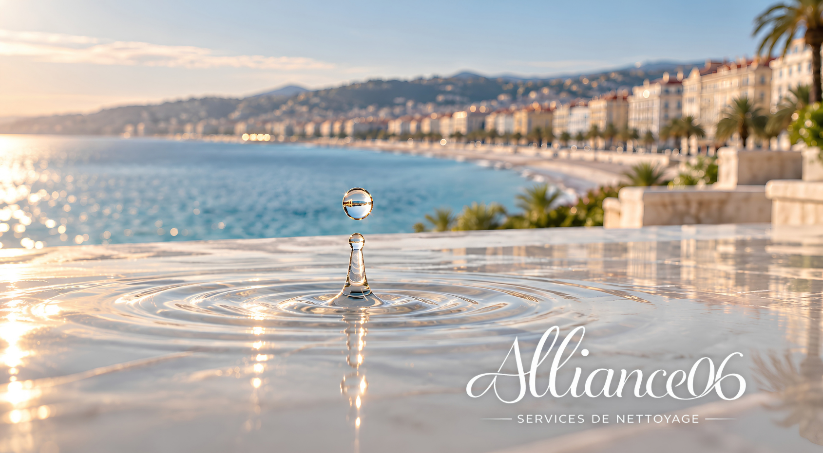 Goutte d'eau sur un sol en marbre avec vue sur la baie des Anges à Nice, logo Alliance 06