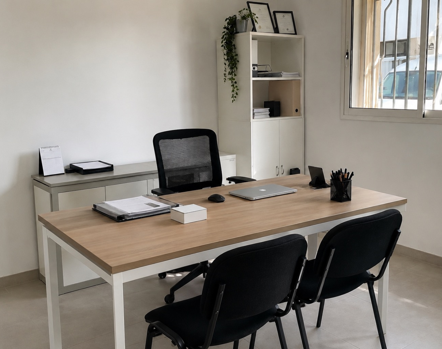 Bureau lumineux au sol en carrelage après nettoyage